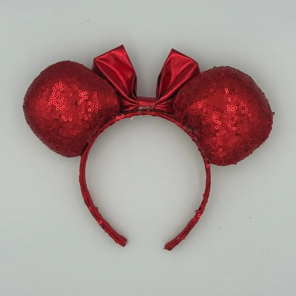 Disney Minnie Mouse Ears Headband Red Sequin Bow Sparkle Parks Authentic